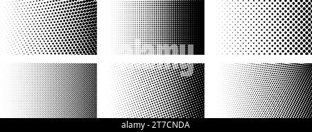 Set of different halftone gradient backgrounds. Cartoon dots texture wallpaper collection. Black and white comic design cover pack for banner, poster, print. Pop art dotted vector illustration bundle Stock Vector