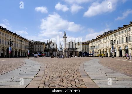 View of Piazza San Carlo, a Baroque architecture central square, with the Equestrian monument of Emmanuel Philibert set amidst 1638-designed porticos. Stock Photo