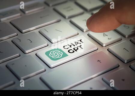 GPT Chatbot on the keyboard button. Chat with AI or Artificial Intelligence. chatbot developed by Open AI. A new neural network. Barnaul. Russia March Stock Photo