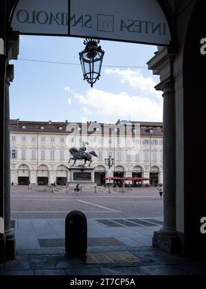 View of Piazza San Carlo, a Baroque architecture central square, with the Equestrian monument of Emmanuel Philibert set amidst 1638-designed porticos. Stock Photo