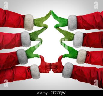 Santa Claus Christmas tree as a fun group of people in Santaclaus costumes celebrating the New Year or having a fun festive party together by joining Stock Photo