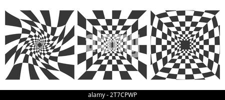 Checkerboard black and white psychedelic pattern. Optical illusion art background. Chess grid abstract Y2k square. Wavy circular vector perspective Stock Vector