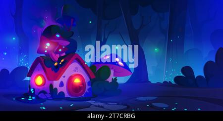 Fairy forest wonderland with magic tiny house with mushrooms for gnomes or elves at night. Cartoon vector fantasy landscape with cute tale or game home for little inhabitants with light in windows. Stock Vector