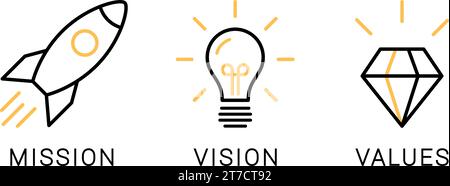Linear icons of mission, vision and values as a business concept or startup strategy Stock Vector
