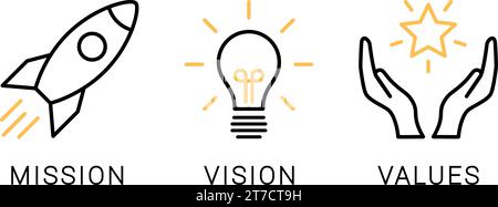Linear icons of mission, vision and values as a business thinking concept Stock Vector