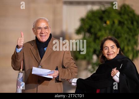 Secretary-General of Reporters Without Borders (RSF) Christophe Deloire (L), Mexican economist and diplomat, former Secretary-General of the Organisation for Economic Co-operation and Development (OECD) and president of the Paris Peace Forum Angel Gurria (C) and his wife Lulu Quitana de Gurria (R) at Elysee Palace in Paris, France, on Thursday, November 9, 2023. Officials from Western and Arab nations, the United Nations and non-governmental organizations are in Paris for a conference on how to provide aid to civilians in the Gaza Strip. Photo by Nathan Laine/ABACAPRESS.COM/Bloomberg Stock Photo