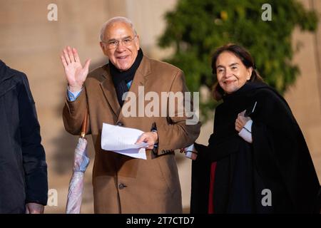 Secretary-General of Reporters Without Borders (RSF) Christophe Deloire (L), Mexican economist and diplomat, former Secretary-General of the Organisation for Economic Co-operation and Development (OECD) and president of the Paris Peace Forum Angel Gurria (C) and his wife Lulu Quitana de Gurria (R) at Elysee Palace in Paris, France, on Thursday, November 9, 2023. Officials from Western and Arab nations, the United Nations and non-governmental organizations are in Paris for a conference on how to provide aid to civilians in the Gaza Strip. Photo by Nathan Laine/ABACAPRESS.COM Stock Photo