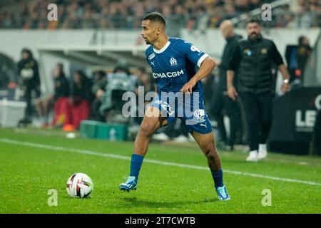 Lens, France. 12th Nov, 2023. Renan Lodi of Marseille during the French championship Ligue 1 football match between RC Lens and Olympique de Marseille on November 12, 2023 at Bollaert-Delelis stadium in Lens, France - Photo Jean Catuffe/DPPI Credit: DPPI Media/Alamy Live News Stock Photo