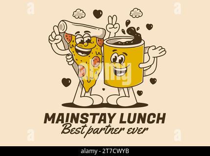 Mainstay lunch, best partner ever. Mascot character illustration of a coffee mug and a slice pizza Stock Vector