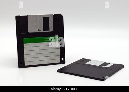 Floppy disk of 1.4 megabytes isolated on white background. Old storage disc for computer. Stock Photo