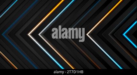 Technology black abstract background design with blue orange neon arrows. Vector geometric futuristic illustration Stock Vector