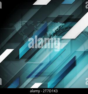 Abstract dark blue technology geometric background with HUD gear and world map. Futuristic vector design Stock Vector