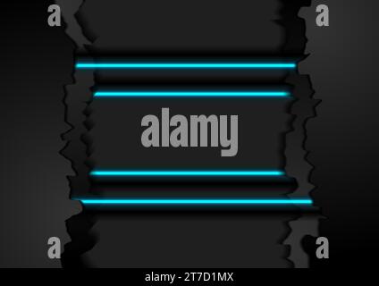 Black torn edge with blue neon lines abstract background. Vector design Stock Vector