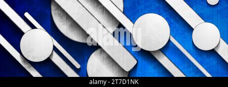 Blue grunge abstract banner with grey circles and stripes. Geometric vector background Stock Vector