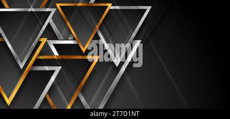 Golden and silver glossy triangles abstract dark technology background. Vector design Stock Vector