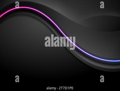Black smooth abstract background with neon blue purple wave. Vector futuristic design Stock Vector