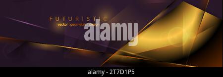 Dark violet and golden shiny glowing low poly background. Geometric abstract vector banner design Stock Vector