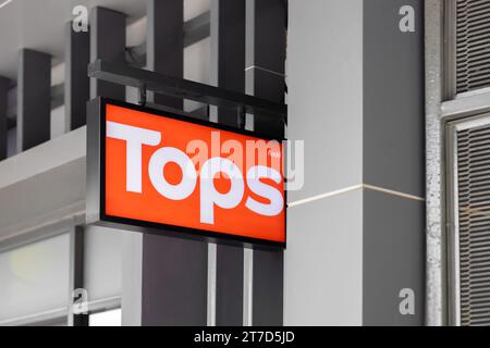 Tops brand new logo, Popular grocery chain in Thai based American Tops Markets chain under name Tops Supermarket by Central Retail. 09 November 2023, Stock Photo