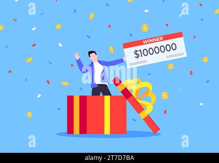 Happy lottery winner with big prize paycheck. Fortune lottery or casino gambling lucky games concept flat style design vector illustration. Person jum Stock Vector