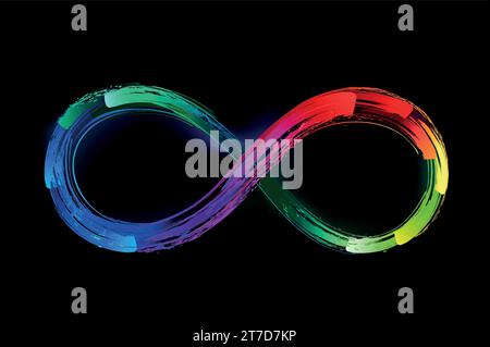 Bright, multicolored infinity symbol, painted with strokes of fluorescent paint, all colors of the rainbow. Glowing paint. Stock Vector