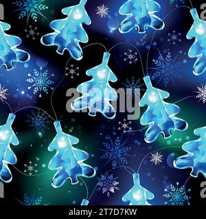 Seamless pattern of Christmas garland with glowing, blue Christmas tree lights on black background with blue snowflakes. Christmas decorations. Stock Vector