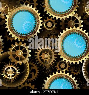Seamless pattern of metal, brass, gold gears and turquoise glass lenses on rusty dark background. Steampunk style. Stock Vector