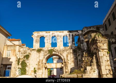 Diocletians Palace is an ancient palace built by the Roman emperor Diocletian at the turn of the fourth century AD, that today forms the center of the Stock Photo