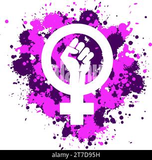 feminist icon with clenched fist. Pink and purple ink splashes. EPS Vector illustration Stock Vector