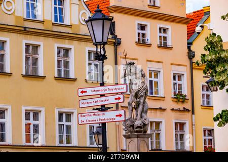 02 08 2022: Fountain of Neptune on old market square in town of Jelenia Gora, Poland Stock Photo