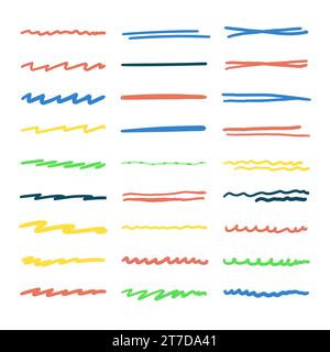 Collection of strikethrough multi colored underlines. different doodle colorful dotted and wavy lines emphasis. Horizontal hand drawn marker stripes, Stock Vector