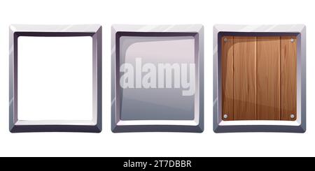 Set Metal steel frames, iron panel, silver border with wood game menu, border in cartoon style silver color isolated on white background. Board template. Vector illustration Stock Vector