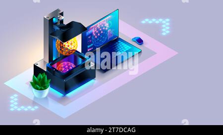 Photopolymer LCD 3d printer printed model of resin. 3d printer connection with laptop. 3d model on screen laptop in CAD system interface. Isometric il Stock Vector