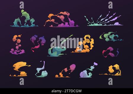 Cartoon colorful smoke effect. Comic game asset of magic fire burst and poison blast explosion, colorful fire motion sprite set. Vector isolated set Stock Vector