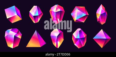 Abstract crystals. Magic jewel stones with rainbow reflections, glossy polyhedral prismatic elements cartoon style. Vector collection Stock Vector