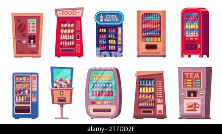 Snack machine. Cartoon vending machine with sweets, soda and coffee, cartoon vending machine with snacks for sale. Vector vending machine set Stock Vector