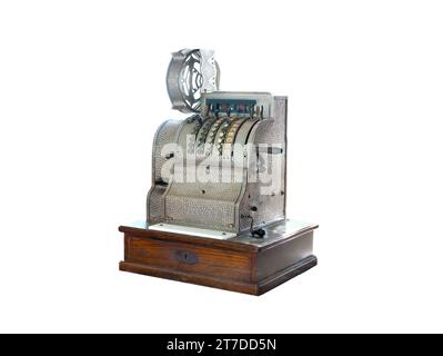 cash desk old machine isolated on white background Stock Photo