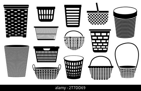 Wicker basket black icons. Handmade woven picnic basket for fruits and vegetables, natural rural decoration for logo design. Vector isolated set Stock Vector