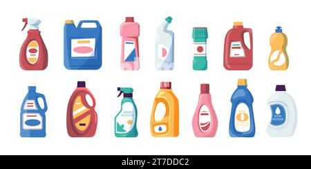 Household chemichals. Cartoon liquid soap and detergent bottles, foam and liquid cleaning products for home and bathroom. Vector set Stock Vector