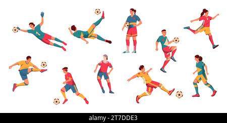 Men and women football players. Cartoon male and female characters playing soccer, male and female athletes in uniform dribbling and kicking ball Stock Vector