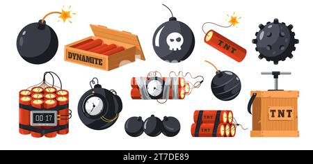 Dynamite and bombs. Cartoon military explosive devices, military grenade and tnt bomb with timer fuse, danger bang firecracker. Vector isolated set Stock Vector