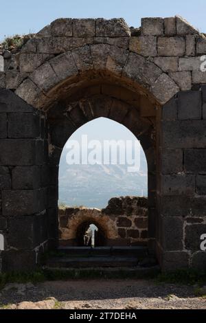 Detail section of the stone archways and walls of the restored Belvoir Crusader Castle in the Galilee in northern Israel. Stock Photo