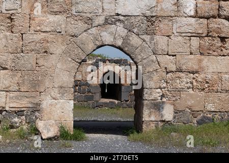 Detail section of the stone archways and walls of the restored Belvoir Crusader Castle in the Galilee in northern Israel. Stock Photo