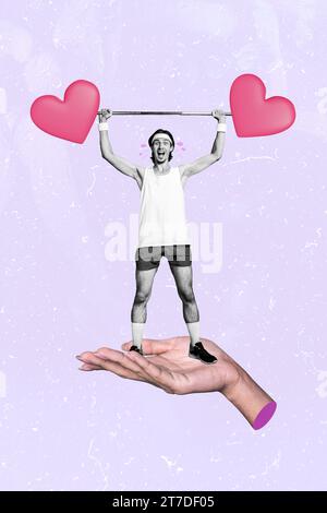 Image sketch 3d collage of arm hold support sporty strong man raising kettlebell isolated on drawing background Stock Photo