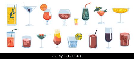 Cocktail drinks. Tropical vermouth, cold champagne and rum, cold fruit drinks, alcoholic beverages with ice. Bar menu vector set Stock Vector