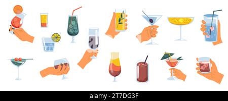 Hands with alcohol drinks. Woman holding cocktail glasses with wine, whisky and gin, man hands with martini. Alcohol beverage vector set Stock Vector