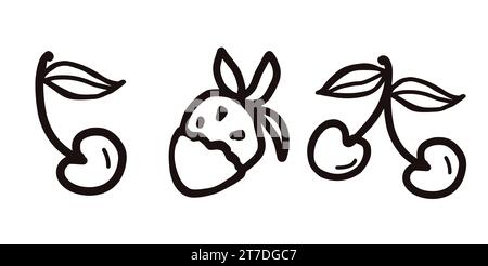 Sweet food vector sketchy illustrations collection of fruit, cherry and strawberry. Hand drawn black and white doodle vector illustration isolated on Stock Vector