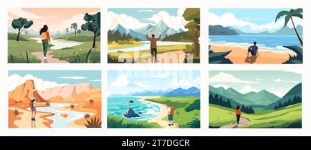 People enjoying landscape view. Cartoon characters hiking and camping on nature, travelers and hikers discover new places. Vector isolated set Stock Vector