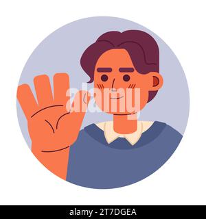 Middle eastern boy waving hand greeting 2D vector avatar illustration Stock Vector