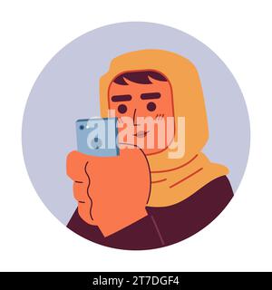 Smartphone woman arab hijab 2D vector avatar illustration Stock Vector