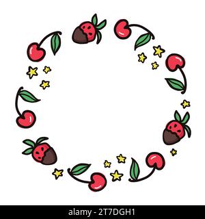 Cherry and strawberry fruit wreath. Summer berries, fruits with leaves, vector background. Hand drawn doodle illustration for card, scrapbook Stock Vector